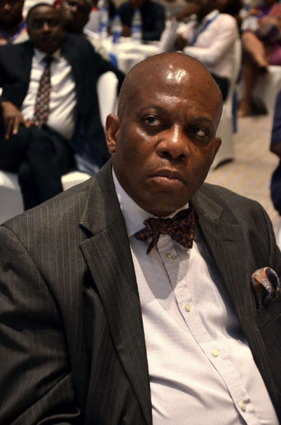 A delegate in a pinstripe suit and bow tie listening attentively during proceedings